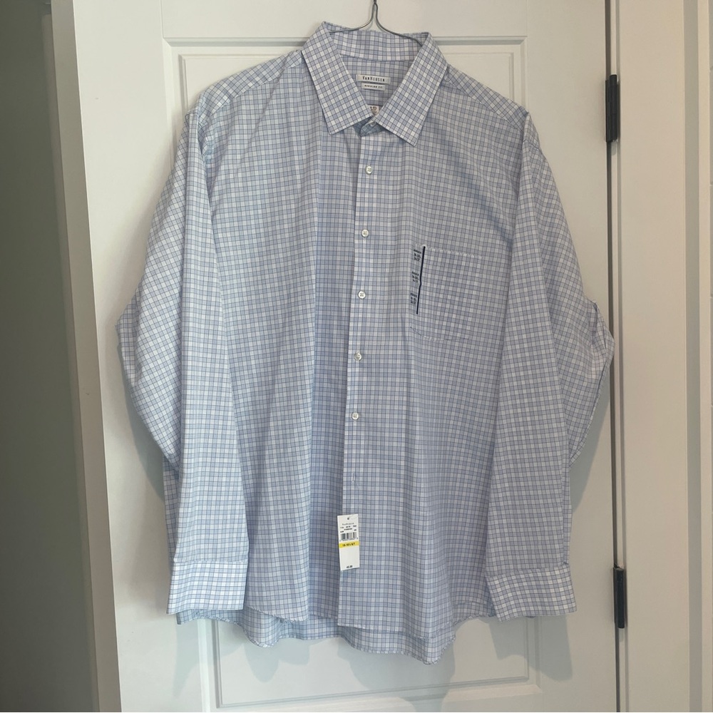 Van Heusen Men’s Dress Shirt with Navy Blue Checkered Pattern-NWT-18-18 1/2 neck